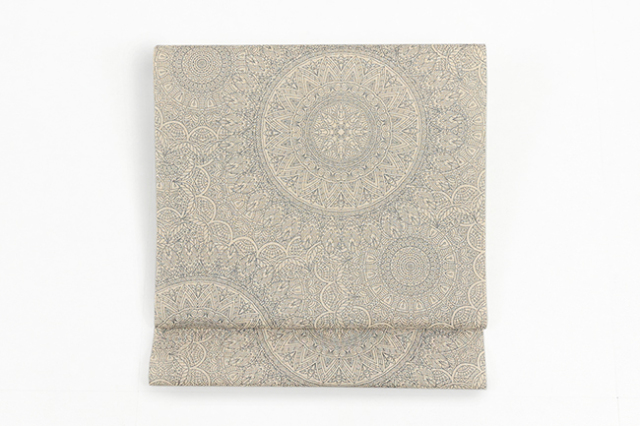 小千谷 本麻 九寸名古屋帯 夏帯 型染め 曼荼羅 生成り×銀