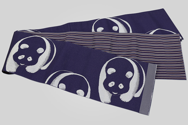 博多織 西村織物 正絹 半幅帯 Rライン 熊猫2 ネイビーブルー　パンダ
