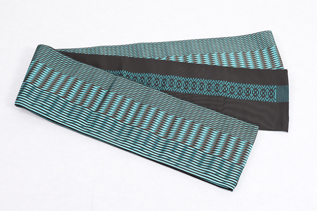博多織 西村織物 正絹 半幅帯 結 絣縞 翠玉