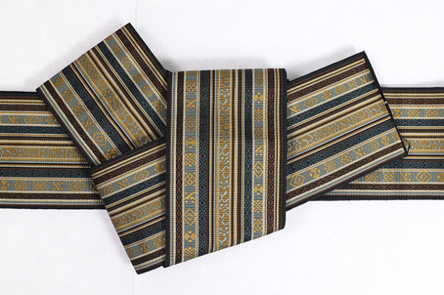 博多織 西村織物 角帯 正絹 更紗 カーキ×黒