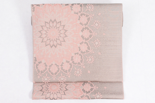 正絹 九寸名古屋帯 風通 レース柄 グレイッシュピンク 