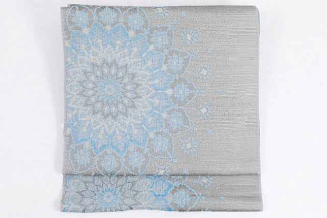 正絹 九寸名古屋帯 風通 レース柄 グレイッシュブルー 