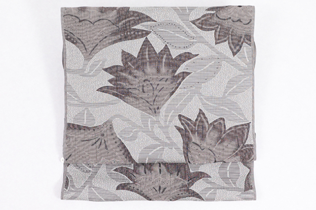 正絹 九寸名古屋帯 風通 洋花 グレー 