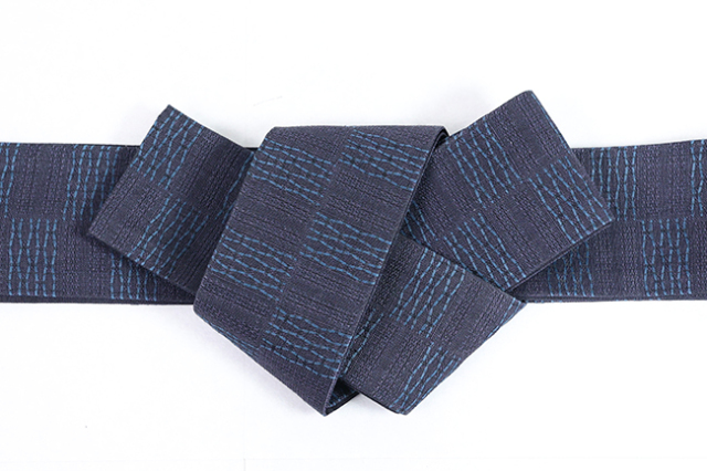 本麻 両面角帯 夏帯 よろけ市松 青×紺