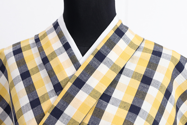 伊勢木綿 木綿着物 格子 黄色×白×黒 ◇背の高い人に