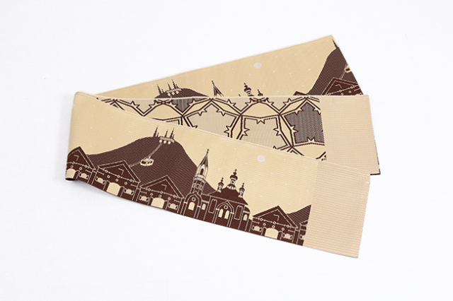 博多織 正絹 半幅帯 リバーシブル 函館の街×五稜郭 ベージュ×茶
