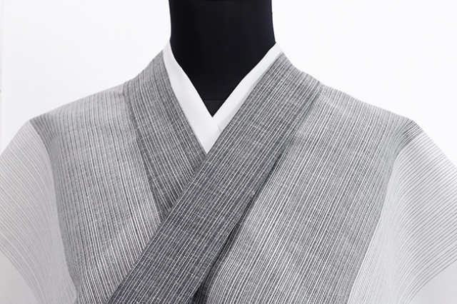 光源氏 浴衣(ゆかた) 綿麻 グラデ縞 灰色 ◆男性にオススメ◆