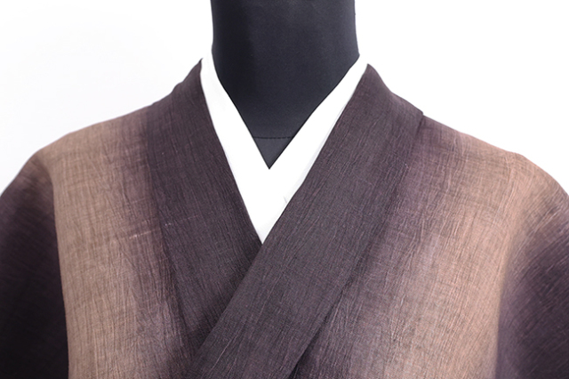 本麻 夏着物 近江ちぢみ 楊柳 ぼかし 焦茶