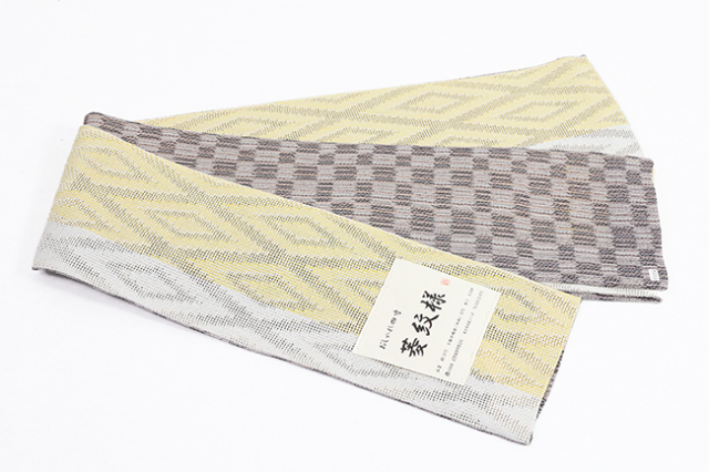 米沢織 近賢織物 半幅帯 菱紋様 菱型 リバーシブル  黄色×白