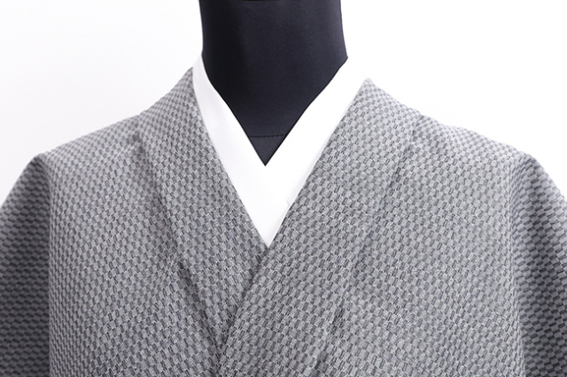 三勝 シルクウール着物 変わり市松柄 灰色 ◆男女兼用◆