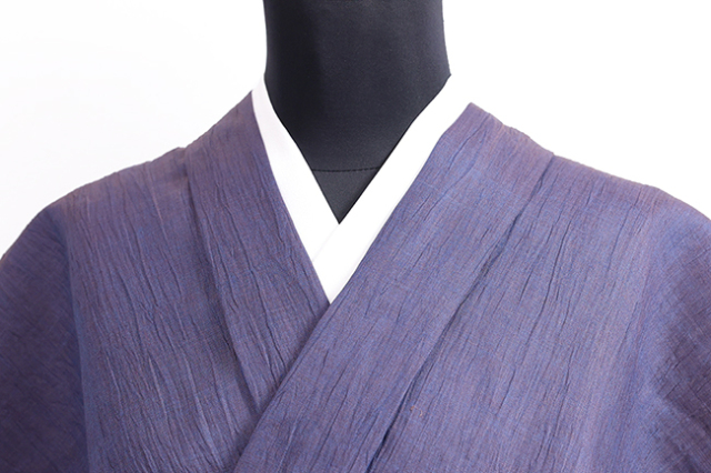 本麻 夏着物 近江ちぢみ 楊柳 無地 青紫