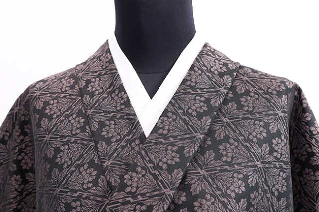 ワタマサ 洗える正絹  【お召し】  広幅 coffee 黒×ベージュ