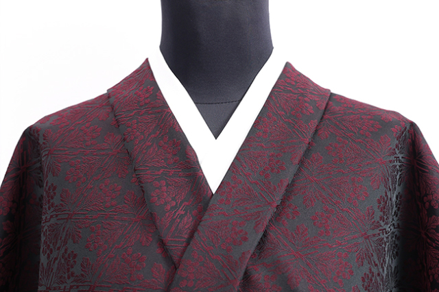 ワタマサ 洗える正絹  【お召し】  広幅 coffee 黒×赤