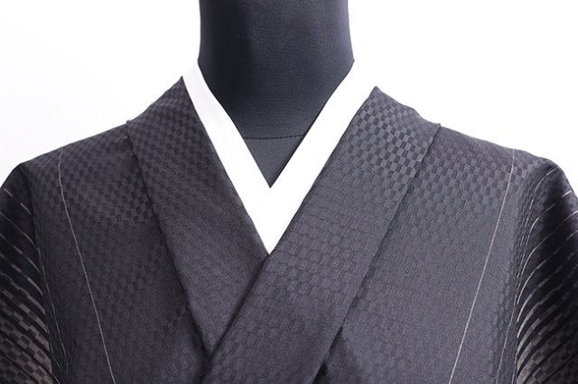 西陣 正絹 お召し 広幅 オーダー仕立て付き 縞市松 黒×グレー