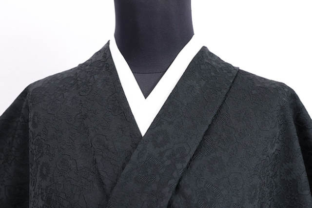 ワタマサ 洗える正絹 【お召し】 広幅  アラベスク 黒