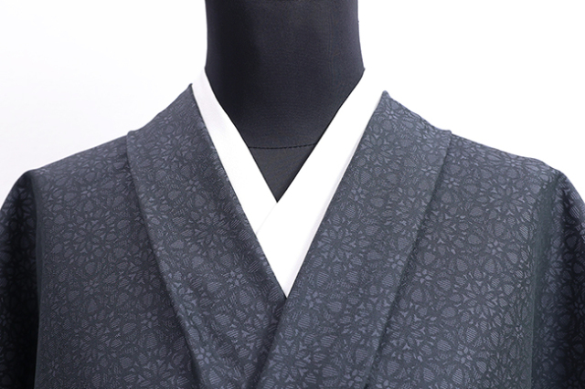 ワタマサ 洗える正絹 【お召し】 広幅  モザイクタイル 黒