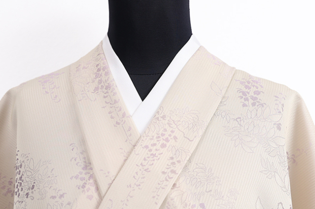 ワタマサ 洗える正絹 【お召し】 藤 ベージュ×薄紫
