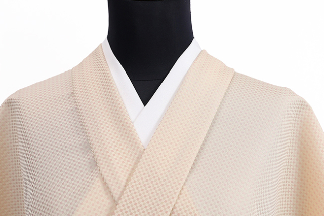 ワタマサ 洗える正絹 【お召し】 小市松 ベージュ×ピンク