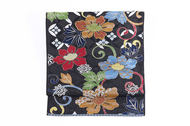 京都 西陣 白綾苑大庭 正絹 九寸名古屋帯 唐花紋 黒×マルチカラー