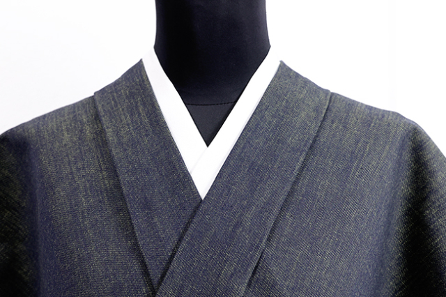 片貝木綿 木綿着物 紺仁工房 普段着きもの 杉綾 デニム 紺×黄緑
