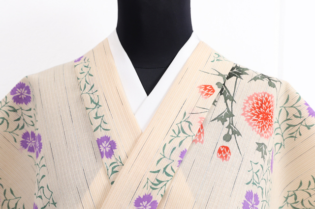 源氏物語 浴衣(ゆかた) 綿麻 注染 花 生成り×紫×赤 ◆女性にオススメ◆