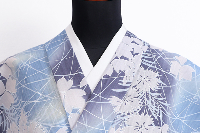 源氏物語 浴衣(ゆかた) 綿麻 注染 秋草 水色×紺 ◆女性にオススメ◆