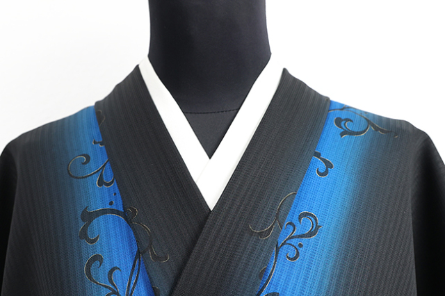 正絹 着物 小紋 丹後ちりめん 蔦模様 ぼかし染 黒×青