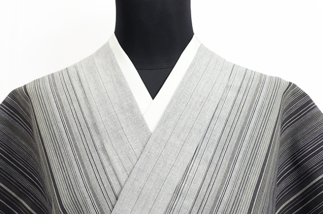 伊勢木綿 木綿着物 縞 灰色×黒 ◆背の高い人にオススメ◆