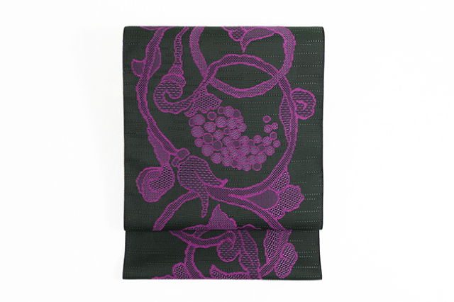 正絹 八寸名古屋帯 トリエ 葡萄 黒×紫