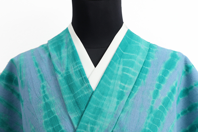 ひでや工房 綿ちりめん 木綿着物 絞り染め 青×青緑