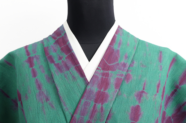 ひでや工房 綿ちりめん 木綿着物 絞り染め 緑×赤紫