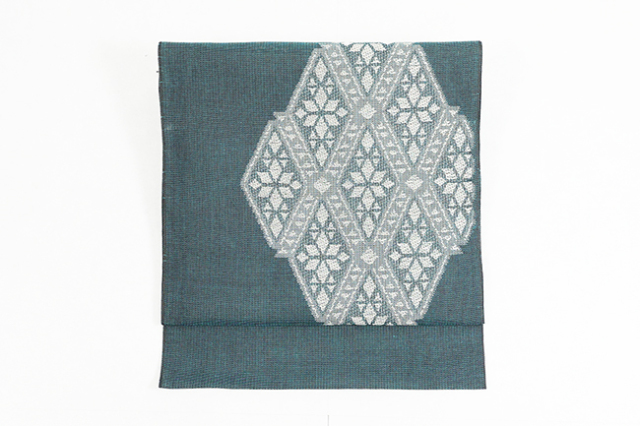 本麻 九寸名古屋帯 OLN 「kiriko（キリコ）」 青緑