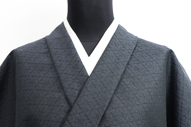 ワタマサ 洗える正絹 【お召し】 広幅 菱文 黒×灰色