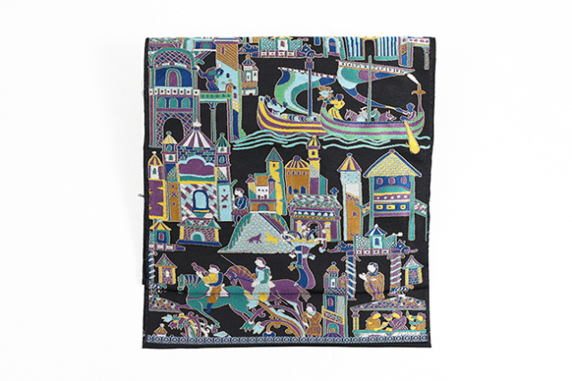 京都 西陣 白綾苑大庭 正絹 九寸名古屋帯 千夜一夜 黒×マルチカラー