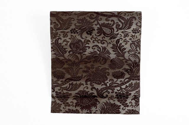 西村織物 博多織 正絹 八寸名古屋帯 紋八寸 エウロパ ザクロ 焦茶×黒 