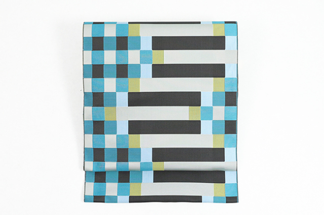 西村織物 博多織 正絹 八寸名古屋帯 紋八寸 マラケシュ レイユール 水色×黒 