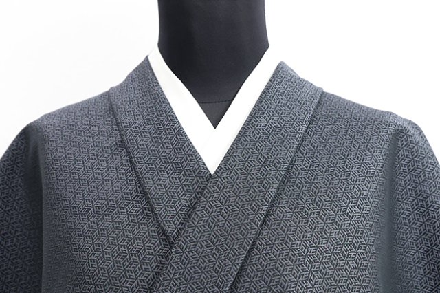 ワタマサ 洗える正絹 【お召し】アラ・エル 広幅 正六角 黒×灰色