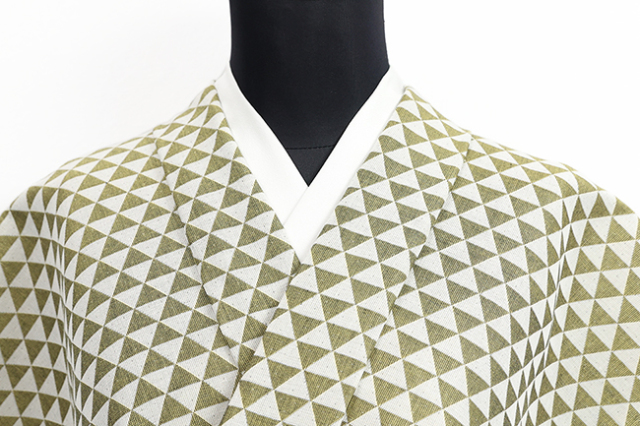 木綿着物 季織苑工房 米織小紋 鱗文 生成り×緑