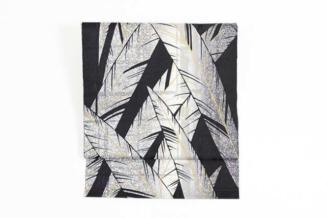 小室庵 正絹 九寸名古屋帯 芭蕉 黒×灰色