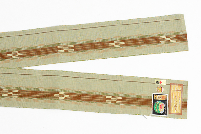 沖縄 伝統的工芸品 八重山ミンサー 木綿 角帯 薄緑×茶