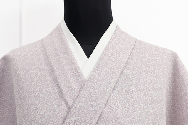 ワタマサ 洗える正絹 【お召し】アラ・エル 麻の葉くずし ベージュ×薄紫