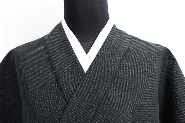 ワタマサ 洗える正絹 【お召し】 広幅 ブロックパターン 黒×濃灰色