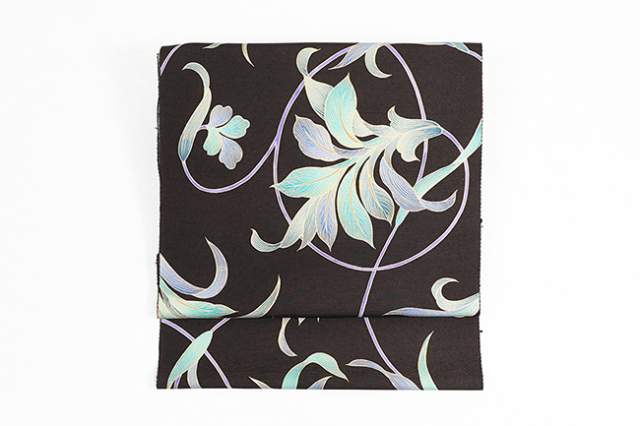 召しませ花 正絹 九寸名古屋帯 花 黒×青緑×紫