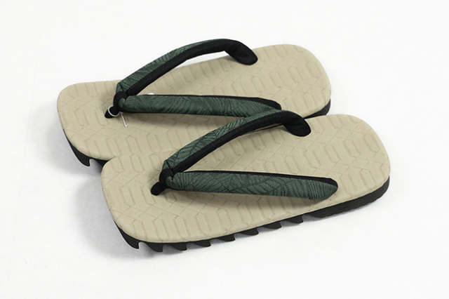 シャーク草履 男性用 ベージュ幾何学×緑葉柄 LLサイズ