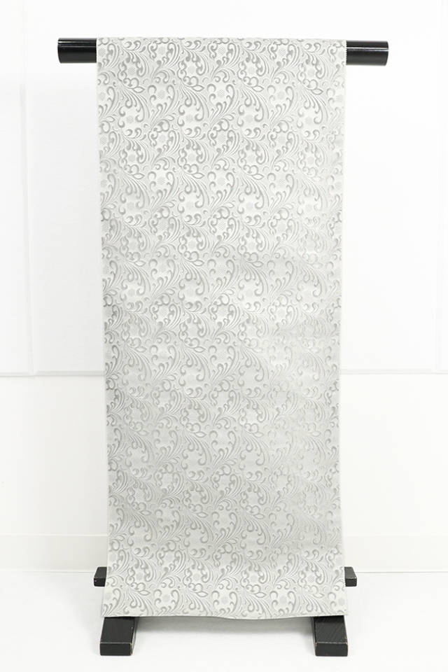 丹後 ワタマサ ひとえ八寸帯（兵児帯） 波模様に亀甲 白×プラチナ