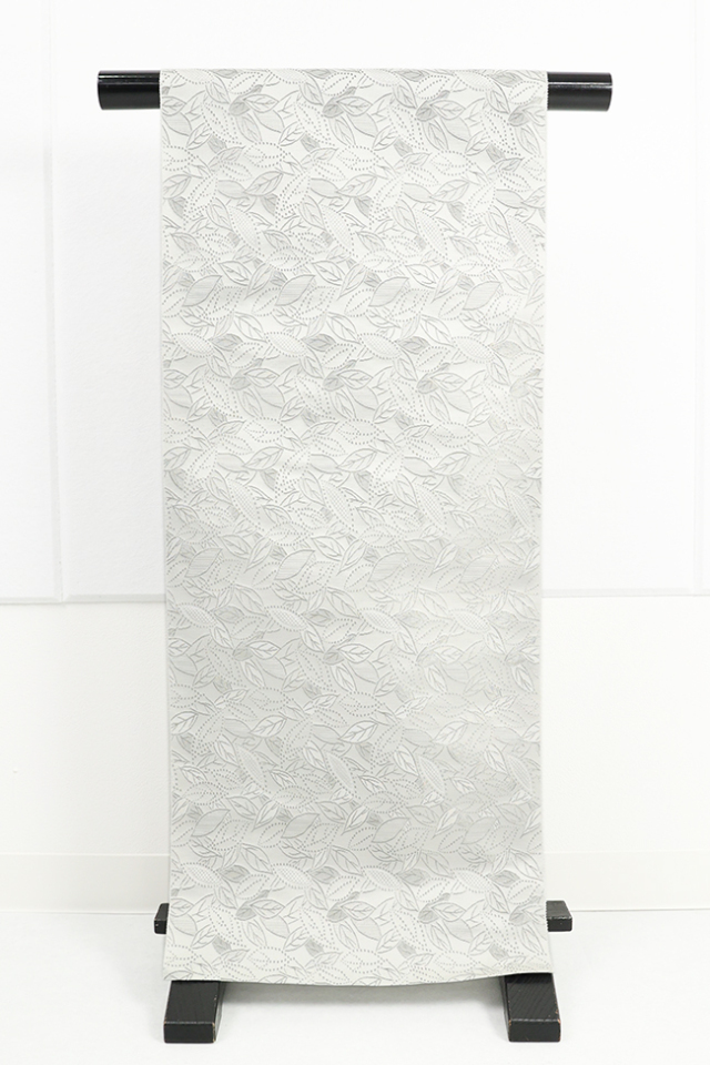 丹後 ワタマサ ひとえ八寸帯（兵児帯） 木の葉詰 白×プラチナ