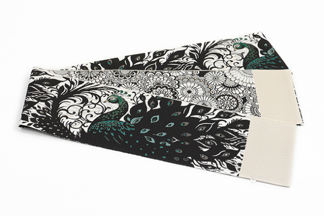 博多織 正絹 半幅帯 リバーシブル 孔雀 レース花 黒×白×青緑