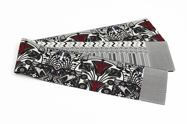 博多織 正絹 半幅帯 リバーシブル アールデコ 黒×白×赤