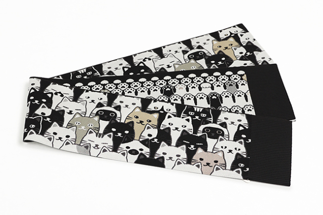 博多織 正絹 半幅帯 リバーシブル 猫 肉球 黒×白×ベージュ
