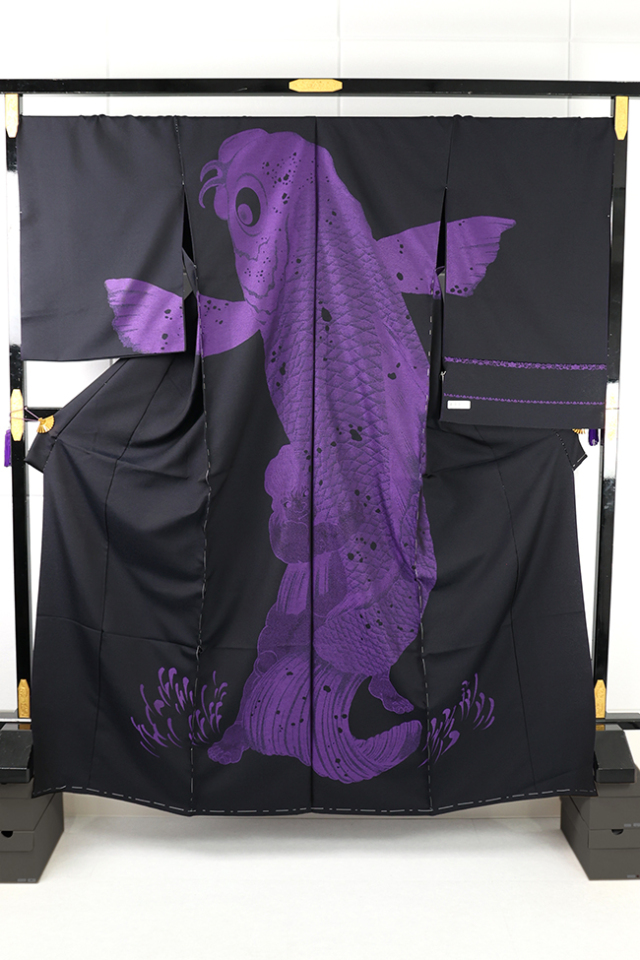 正絹着物 お召し 西陣 絵羽 歌川国芳 坂田怪童丸 黒×紫